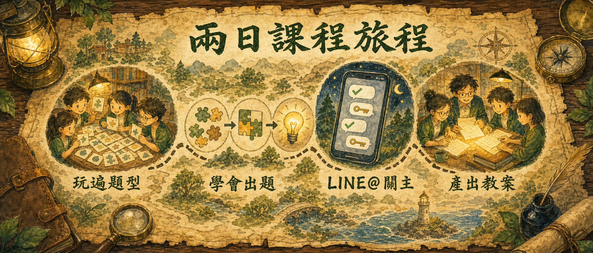 兩日課程旅程：玩遍題型 → 學會出題 → LINE@ 關主 → 產出教案
