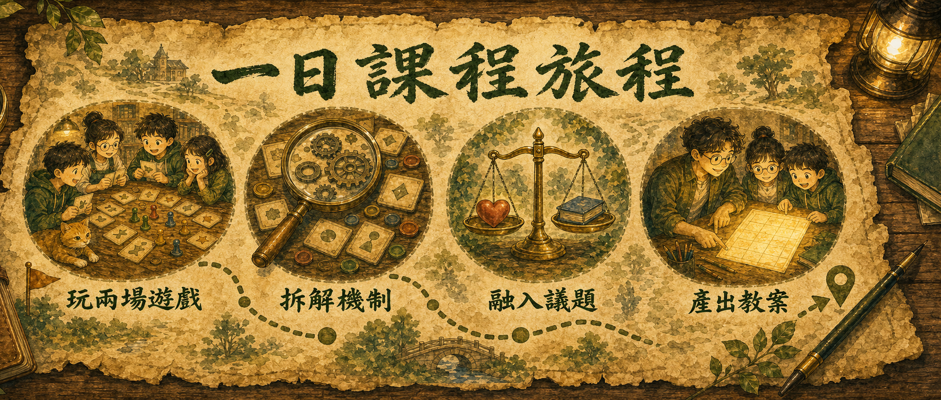 一日課程旅程：玩兩場遊戲 → 拆解機制 → 融入議題 → 產出教案