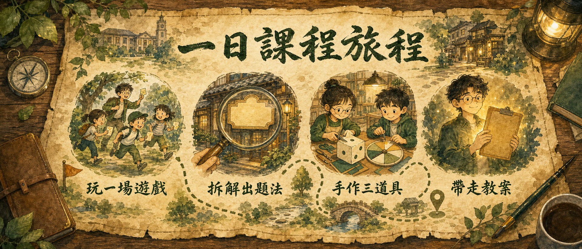 一日課程旅程：玩一場遊戲 → 拆解出題法 → 手作三道具 → 帶走教案