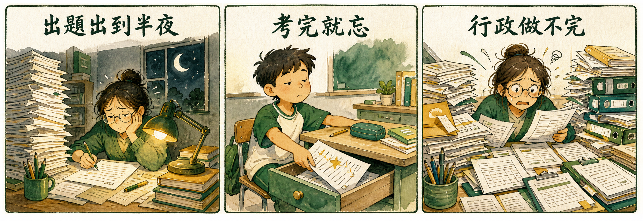 老師的三大痛點：出題到半夜、考完就忘、行政做不完