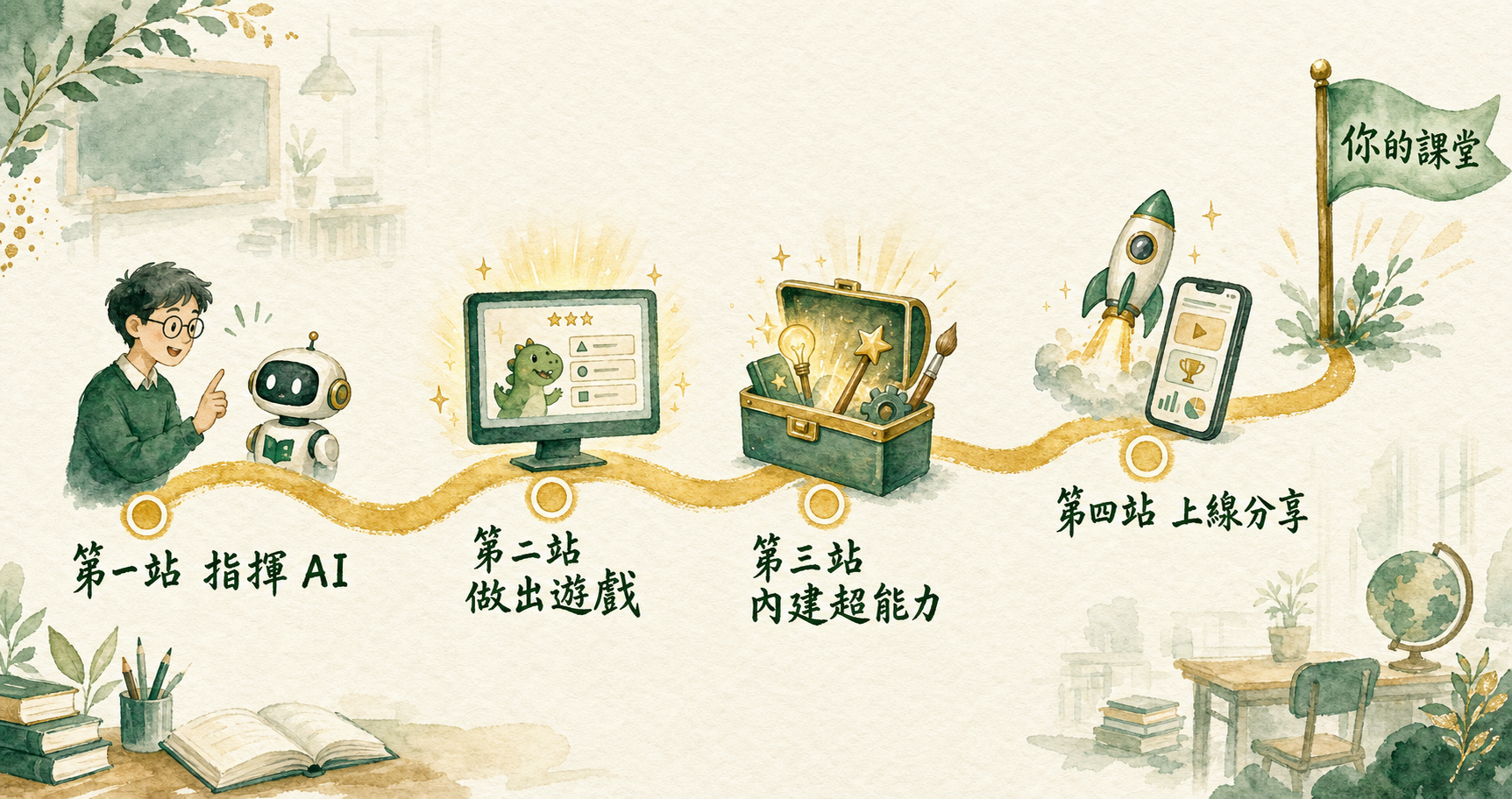 課程地圖：指揮 AI → 做出遊戲 → 內建超能力 → 上線分享