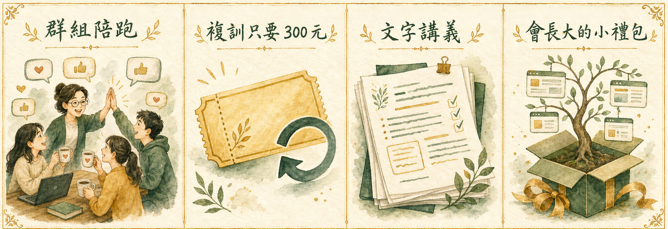 四個課程配套：群組陪跑、複訓 300 元、文字講義、會長大的小禮包
