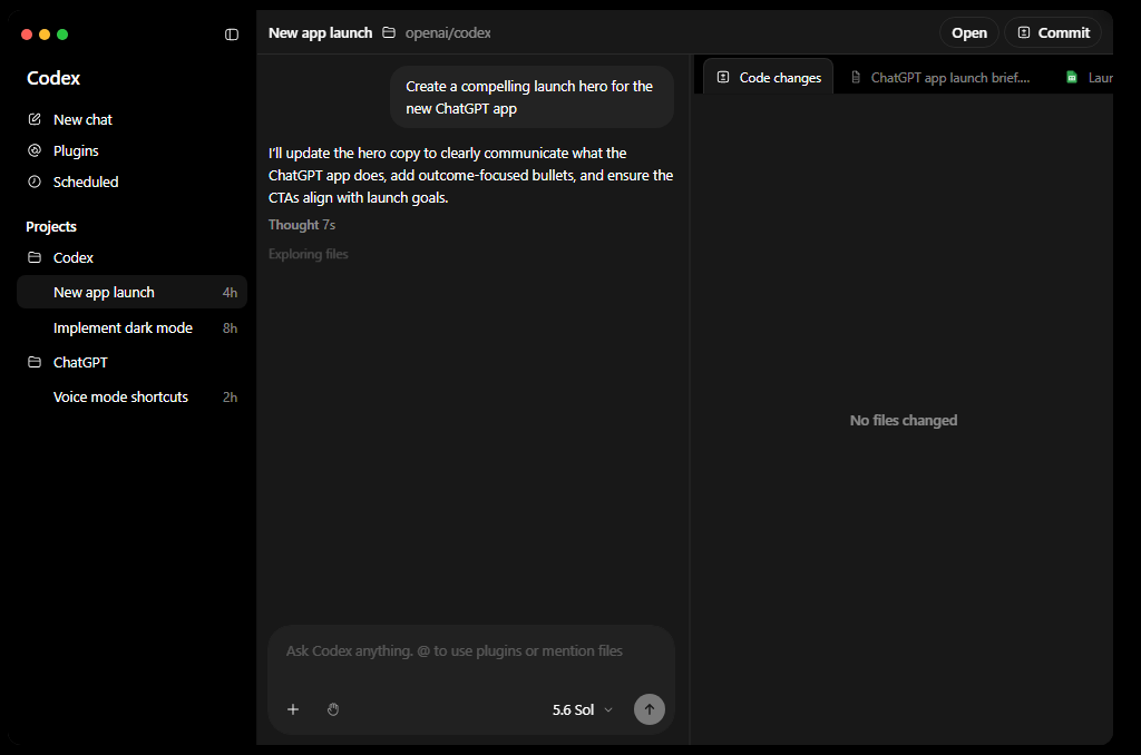 ChatGPT 桌面版中的 Codex 程式模式截圖