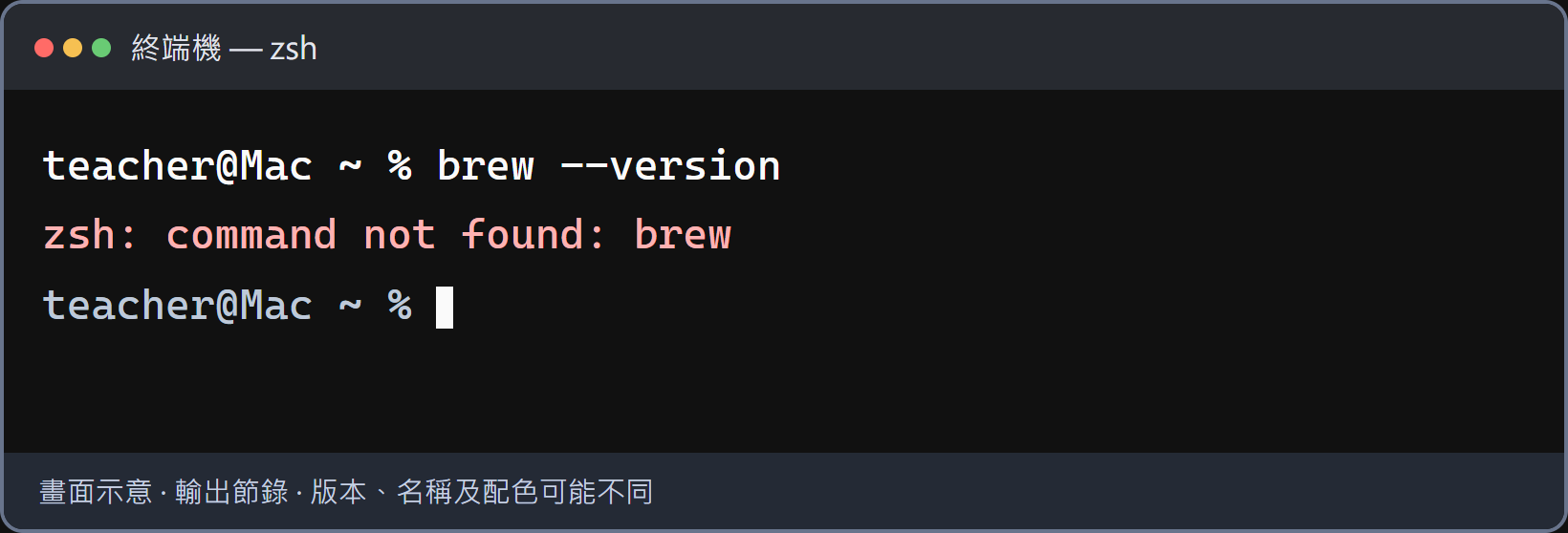 找不到 brew，不一定是沒裝。第一次使用者依教材安裝 Homebrew；剛安裝過的人先補做自己畫面的 Next steps，再重新開啟終端機檢查。