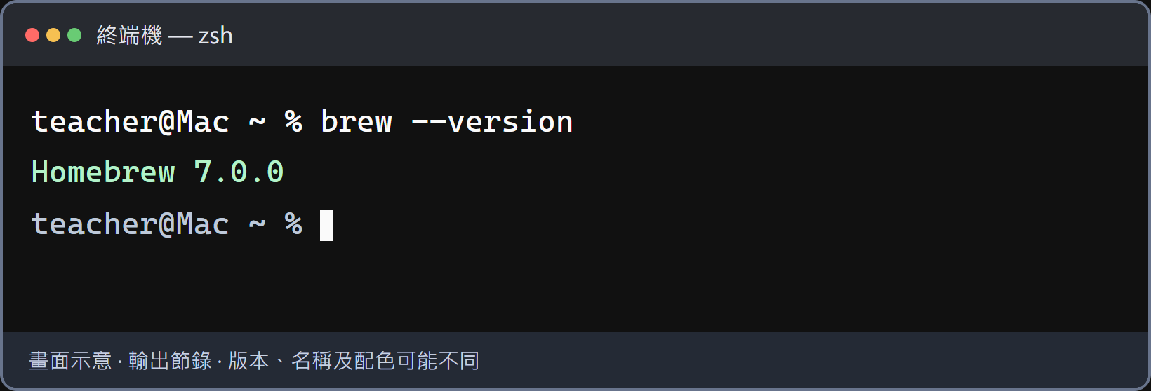 Homebrew 後面有版本數字。Homebrew 指令已可使用，可以繼續安裝 gh。版本可以不同，不必剛好是圖中的 7.0.0。