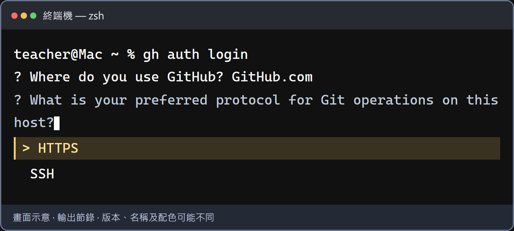 第二題：選 HTTPS。用上下方向鍵選 HTTPS，再按 Enter。如果選到 SSH 而出現金鑰問題，可按 Ctrl+C 結束這次登入，再重新輸入 gh auth login。