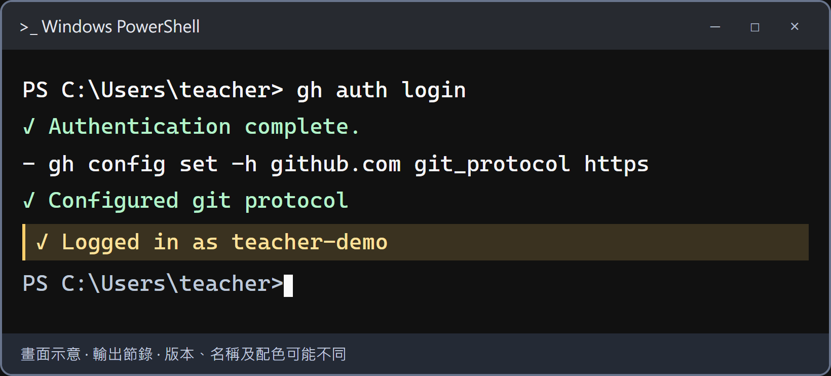 回到終端機，確認已完成登入。確認 Logged in as 後面是自己的 GitHub 帳號，接著輸入 gh auth status 做最後確認。