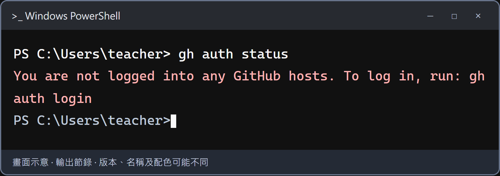 工具已安裝，但還沒有登入任何 GitHub 帳號。輸入 gh auth login，依前面的選單與瀏覽器步驟完成登入，再跑一次 gh auth status。