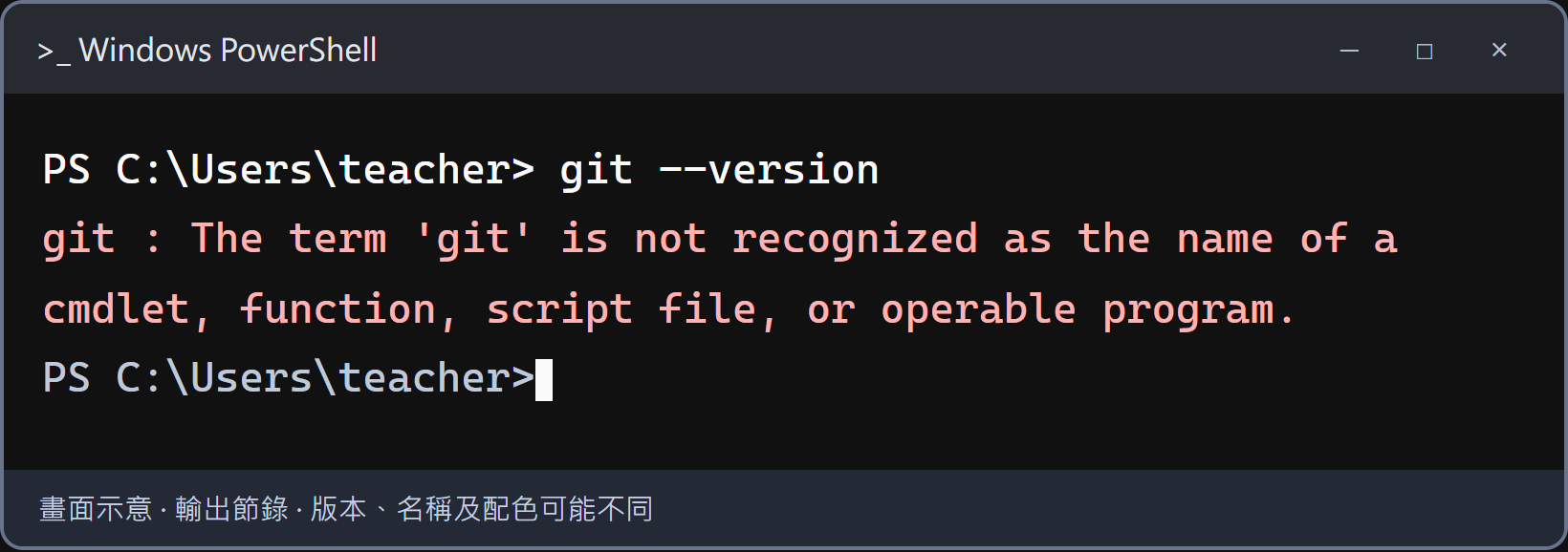 這個 PowerShell 視窗還找不到 Git。如果剛完成安裝，關閉整個終端機視窗，再重新開啟 PowerShell，重跑 git --version。仍失敗時，用本頁下方「git 無法辨識」問題中的 where.exe git 指令檢查。